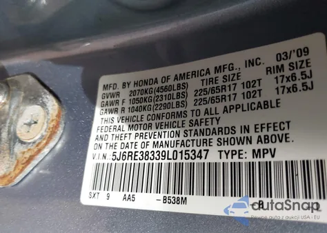 2009 Honda Cr-V Lx z USA, uszkodzony, nr VIN 5J6RE38339L015347